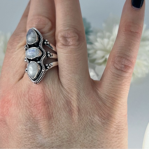 Chunky Triple Rainbow Moonstone Ring Size 10 Sterling Silver 925 Handmade New - Picture 2 of 6